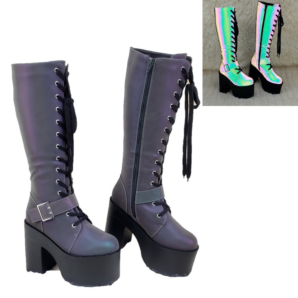 Reflective Lace Up Platform Knee Boots Cyber Punk Festival